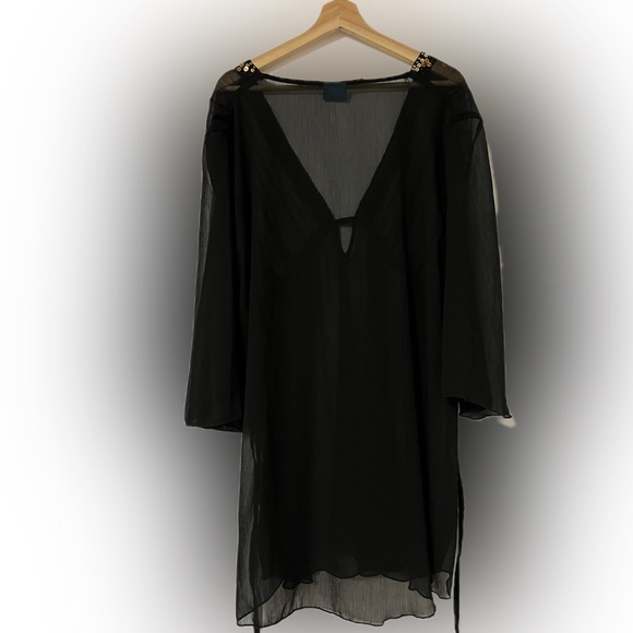 Black sheer embellished sequin beach swimsuit cover up - Picture 2 of 4